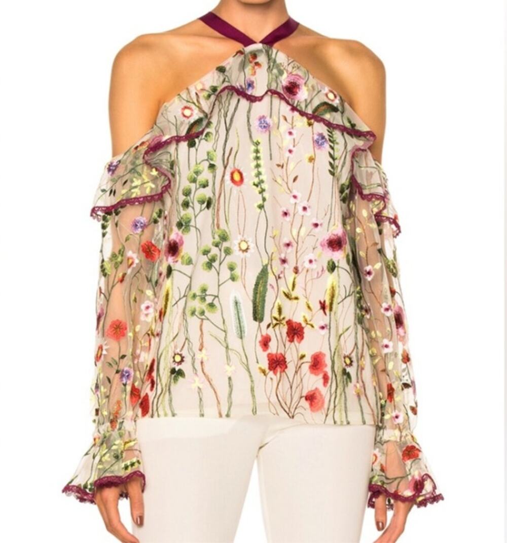 ALEXIS Kylie Embroidered Cold Shoulder Blouse XS Cream Sheer Mesh Tiered Ruffle